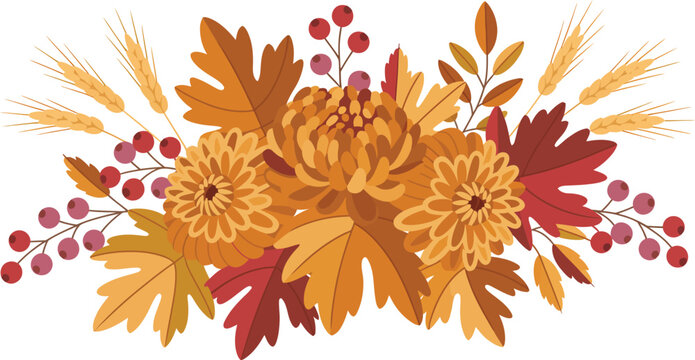 Autumn floral border, fall flowers, orange leaves, seasonal decoration