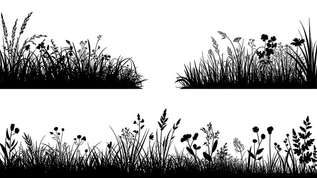 Set of grass silhouettes for design. vector black isolated lawn on white background. set of meadow plants in silhouette.