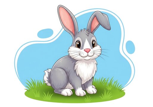 A cute cartoon gray and white rabbit sitting on green grass with a blue background