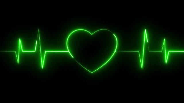 Glowing neon love heart beat line animation and black background. loop motion animate 4K video footage. neon heartbeat animation on black background