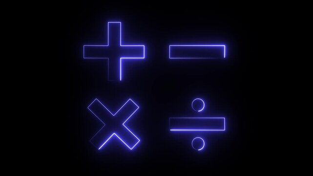 A digital graphic depicting glowing neon mathematical symbols against a black background.