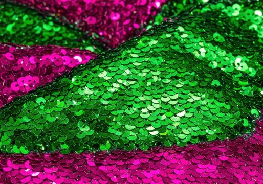Vibrant close-up of a shimmering fabric surface featuring alternating rows of shiny pink and bright green sequins creating a dazzling texture, pink, vivid, shimmer