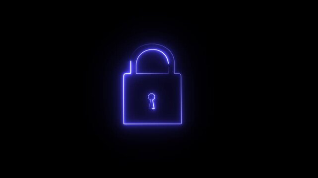A closed padlock symbol outlined in a vibrant violet hue against a solid black background.