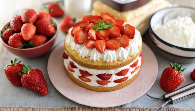 fresh homemade layered strawberry shortcake topped with whipped cream sliced strawberries and mint surrounded by cake layers bowls of strawberries and cream and baking tools
