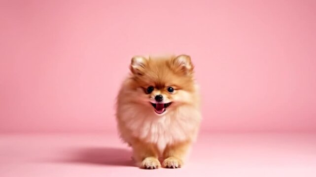 Energetic and Happy Pomeranian Puppy Bouncing Up and Down on a Solid Pink Background in Studio