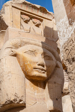 The Hathor capital columns,  iconic ancient Egyptian pillars featuring the face of the goddess Hathor at the Temple of Hatshepsut, Luxor. Egypt.