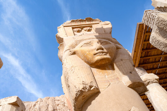 The Hathor capital columns,  iconic ancient Egyptian pillars featuring the face of the goddess Hathor at the Temple of Hatshepsut, Luxor. Egypt.