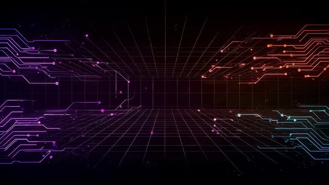 Dynamic digital circuit board background with glowing lines and particles moving across a grid, abstract technology concept.