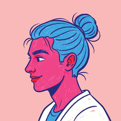 Creative profile portrait illustration of man with blue hair bun and red skin © Husmath