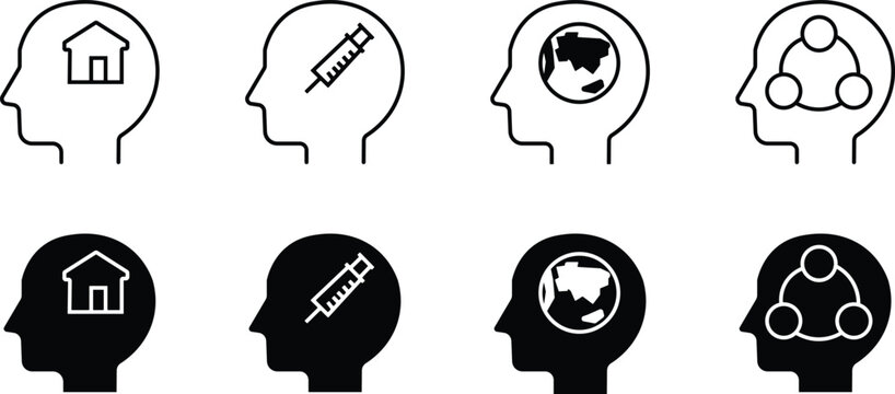 Mental health icons set home therapy world connection line and solid versions