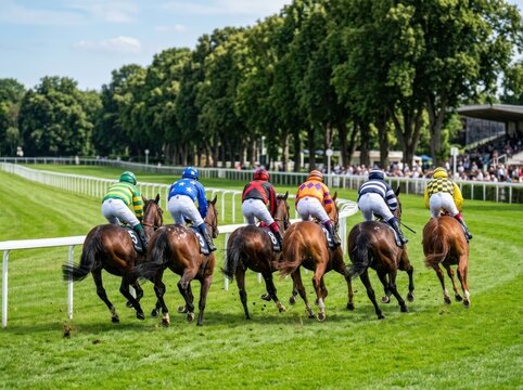 Jockeys and horses racing on a green track at a professional horse racing event.