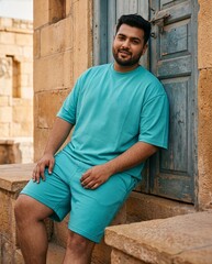 Obraz premium Smiling young South Asian man in turquoise t-shirt and shorts leaning against an old blue wooden door Generative Ai