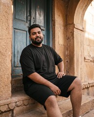Obraz premium Smiling young South Asian man in black t-shirt and shorts sitting on stone steps by a rustic blue door Generative Ai
