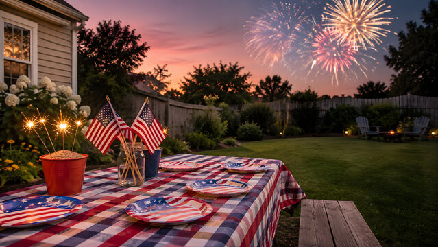 Festive patriotic table setting with flags and fireworks in the sky