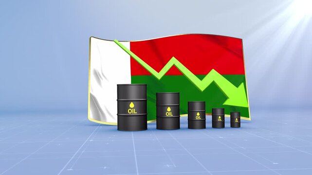 Madagascar Oil Price Falling with Oil Barrels Downward Green Arrow and 3D Financial Data Visualization Graphs for Economy and Business Concept