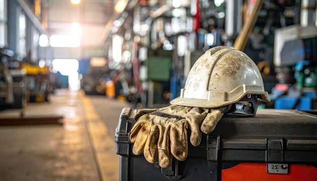 Worn Hard Hat and Work Gloves Resting on a Toolbox in a Dusty Industrial Factory Setting with Blurred Machinery and Warm Sunlight Streaming Through an Open Doorway, Representing Labor and Safety