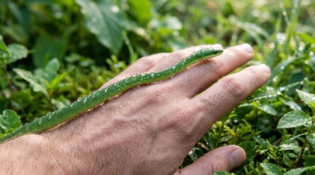 Small green snake crawling on a man hand in nature. Wild serpent with water drop on skin. Close up interaction between human and reptile. Wildlife exploration and biology study concept.