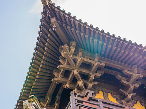 Datong, China - May 9 2026: Intricately carved dougong brackets of Huayan Temple demonstrate masterful timber engineering and the enduring elegance of Liao dynasty architecture