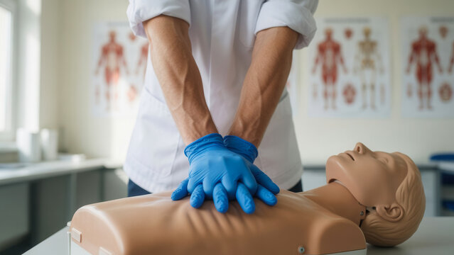 Person in blue gloves performing chest compressions on CPR mannequin in medical classroom, emergency training and first aid education.
