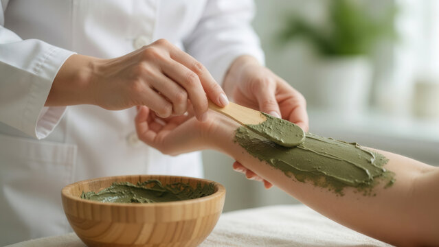 Professional spa therapist applying green mud mask to client arm in wellness clinic, skin detoxification and beauty treatment