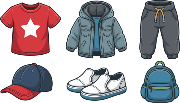 Kids casual clothing vector illustration set featuring red star tshirt hooded denim jacket sweatpants baseball cap slipon sneakers and backpack icons on white background