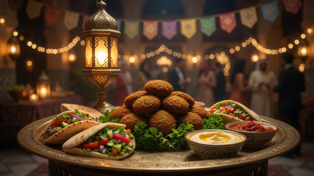 Arabic falafel table at party with pita sandwiches, hummus, and glowing lantern on brass tray, festive celebration and Middle Eastern dining