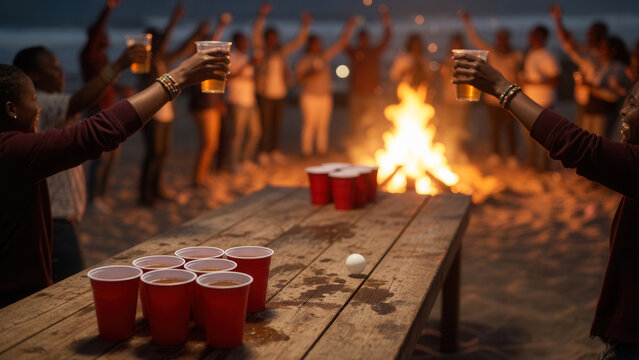 Friends cheering with drinks at a lively beach party bonfire with a beer pong game, celebration and festive social gathering at night.