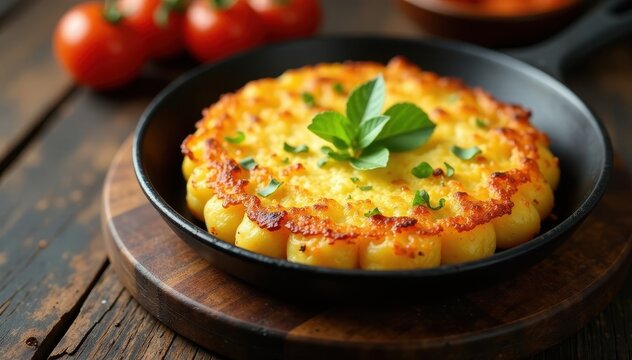 Pan-seared potato rosti with golden crispy edges, served on a rustic wooden board, potato, golden,