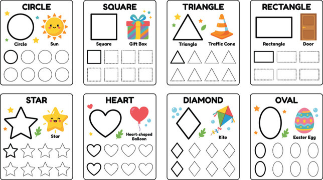 Colorful educational flashcards teaching circle, square, triangle, rectangle, star, heart, diamond, and oval shapes for children