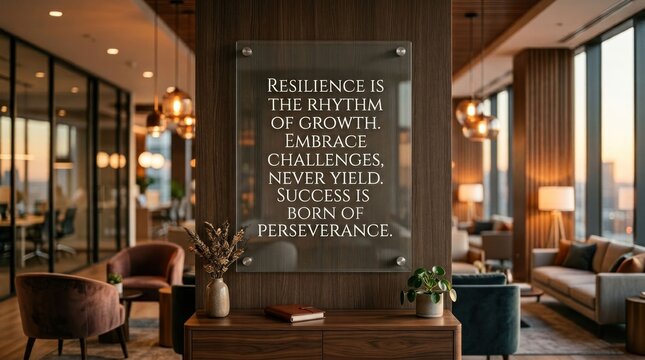 Modern Office Lounge with Inspirational Quote on Glass Wall.