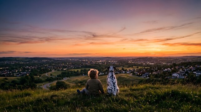 Child and spotted dog watching sunset over a rural town from a grassy hilltop