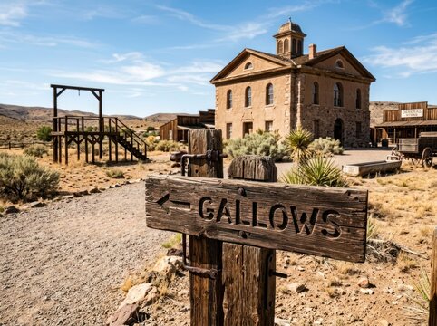 Old West Ghost Town Gallows Sign and Historic Building.