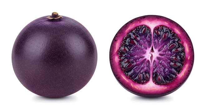 Whole and sliced purple star apple fruit isolated on white background