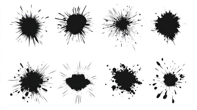 Radial explosion silhouette. Exploding bursts, round explosions cloud and exploded bomb effect black silhouettes. Explosion burst dust, power bombs explode effect. Isolated symbols graphic vector set