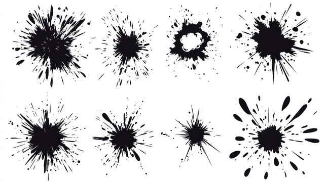 Radial explosion silhouette. Exploding bursts, round explosions cloud and exploded bomb effect black silhouettes. Explosion burst dust, power bombs explode effect. Isolated symbols graphic vector set