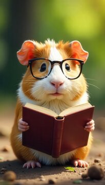 A funny guinea pig with glasses reading a book outdoors, looking adorable and amusing, humorous, education