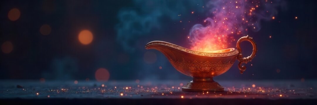 A glowing magic lamp emitting a mysterious aura in the dark, beckoning with promises of wishes granted by a mystical genie , glowing, eerie