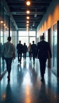 A long exposure banner of a busy office hallway filled with business professionals rushing to their meetings and collaboration spaces , dynamic, workspace