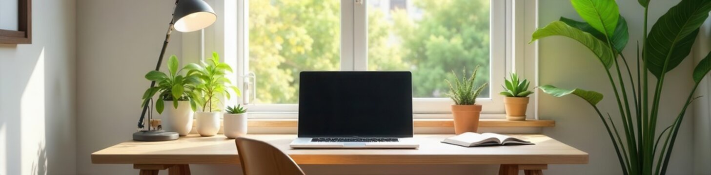 A minimalist home office setup with a laptop, plants, and natural light, perfect for remote work design inspiration , inspiration, home office