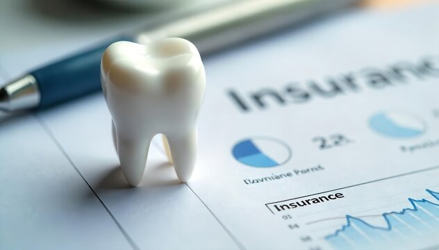A model tooth resting on a document representing dental care and insurance , preventive care, dental services