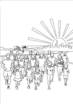 Diverse group of people participating in fun run event.