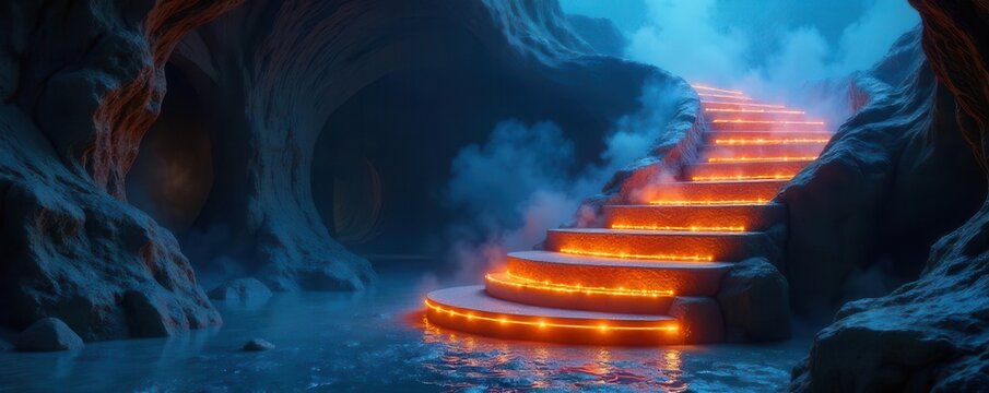 A mystical and enchanting illuminated circular staircase with glowing orange steps set against a background of blue smoke , enchanting, mysterious