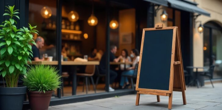 An empty black square sign mockup in front of a stylish cafe, perfect for showcasing your brand or message , advertisement, city