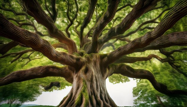 a large green tree with brown trunk and branches