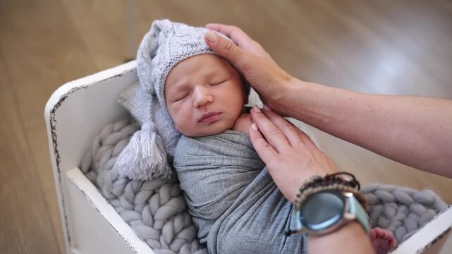 Newborn Photographer Gently Stroking The Baby Backstage At A Photoshoot