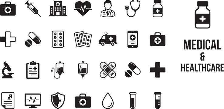 Medical Healthcare Solid Icons Set - Hospital Glyph Vector