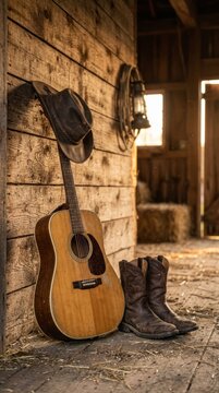 Rustic country western scene with acoustic guitar, cowboy hat, and boots leaning against a wooden wall.