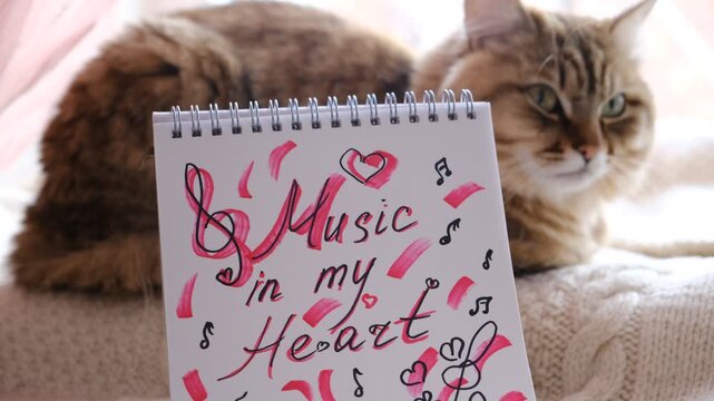 Child&rsquo;s open notebook. Text Music in my heart is written in a childlike handwriting with playful doodles. Childhood dreams, creativity, comforting presence of a pet, cat, family stories,  imagination.