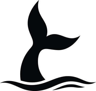 Black whale tail silhouette in water with waves simple clean vector art