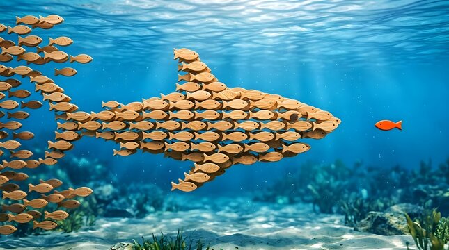 School of small orange fish forming a giant shark shape underwater, business concept of teamwork, unity, synergy and strength in numbers, 3D illustration